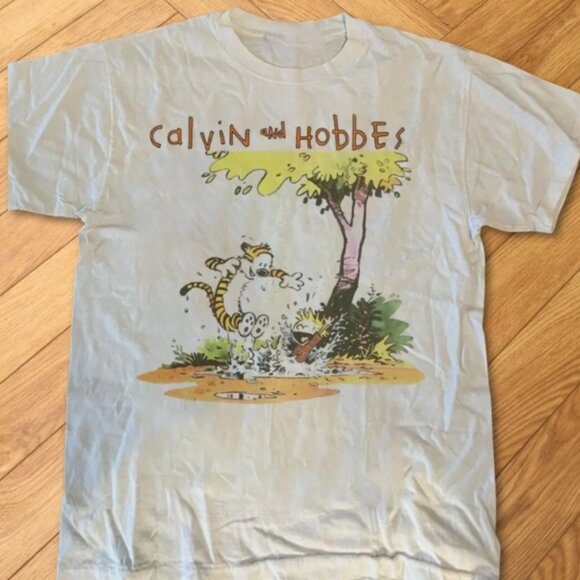 Gildan Other - White Calvin and Hobbes Cartoon Splash Graphic Funny Comic Tee